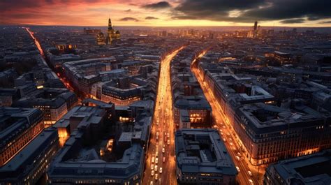 Aerial View Of A Bustling City At Sunset Photography From Above Soft