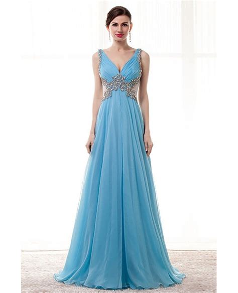 Flowy Long Sky Blue Prom Dress Beaded With Straps Sheer Back H76045