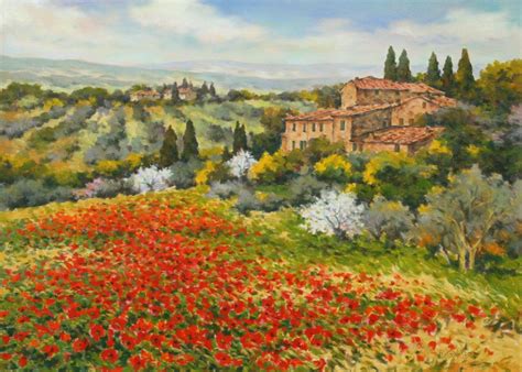 A Painting Of An Italian Countryside With Poppies In The Foreground And