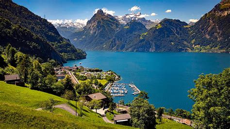 1080p Free Download Village Near Alps Lake Around Mountain Panorama