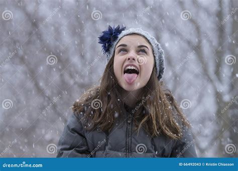 Teen Girl In The Snow Stock Image Image Of Eating Gray 66492043