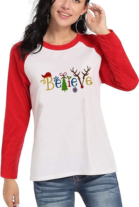 Believe Santa Christmas T Shirt Women Long Sleeve Cute