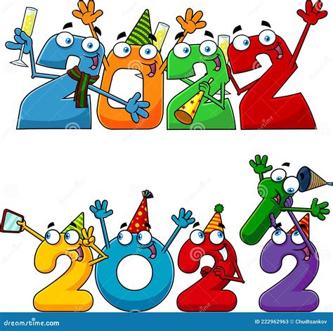 Funny Colorful New Year Numbers 2022 Cartoon Characters Vector
