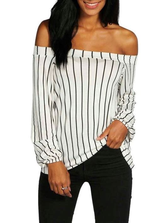 Off Shoulder Striped Long Sleeves Regular Blouse Casual Tops For