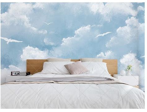 Hand Painted Blue Sky Clouds Wallpaper Wall Mural Beautiful Etsy