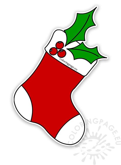 Red Christmas Stocking With Holly Printable Coloring Page