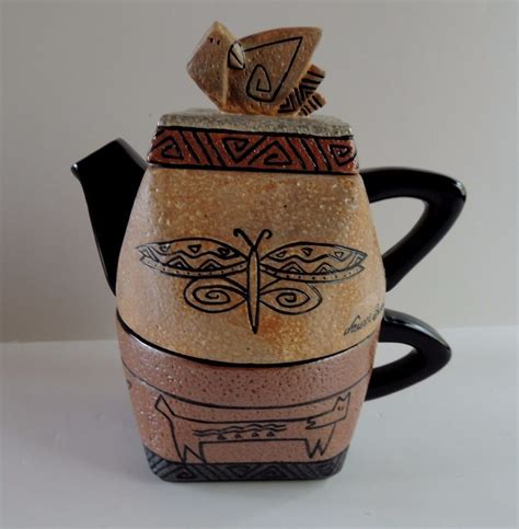 Laurel Burch Teapot Signed 3 Pc Cup Combo Southwest Aztec Ceramic