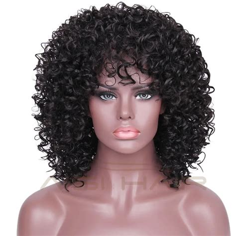 Aisi Hair Heat Resistant Fiber Black Color Short Curly Wig With Bangs Synthetic Afro Kinky Curly