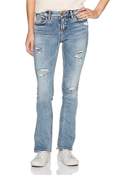 Silver Jeans Co Women S Aiko Mid Rise Slim Bootcut Jeans Medium Wash Destroyed Cu Yrnlel