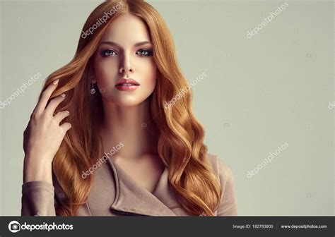 Red Hair Girl Long Shiny Curly Hair Beautiful Model Woman Stock Photo