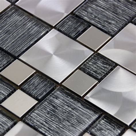 Luxury Textured Grey Glass And Brushed Steel Mix Mosaic Wall Tiles Sheet 8mm
