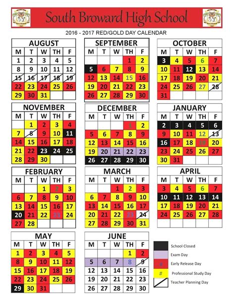 The South Brow High School Calendar Is Shown In Red Yellow And Black