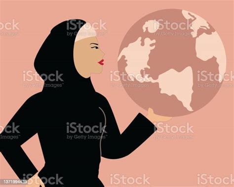 Feminist Arab Middle East Woman Holding The World Globe Activist Female With Scarf Rules And