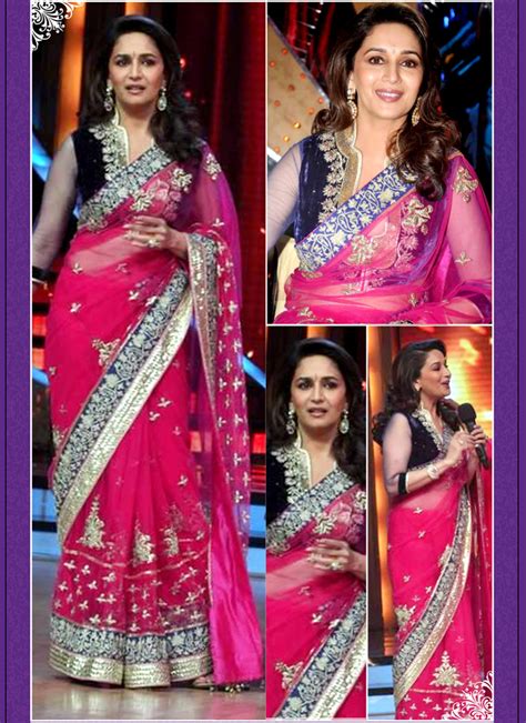 Madhuri Dixit Pink Embroidery And Stone Work Net Saree