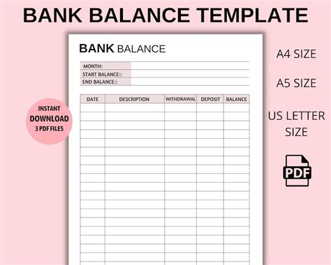 Bank Balance Printable Balance Sheet Bank Summary Finance - Etsy