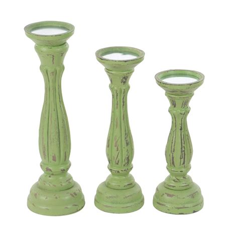 Wooden Pedestal Candle Holder With Carved Details Set Of 3 Green