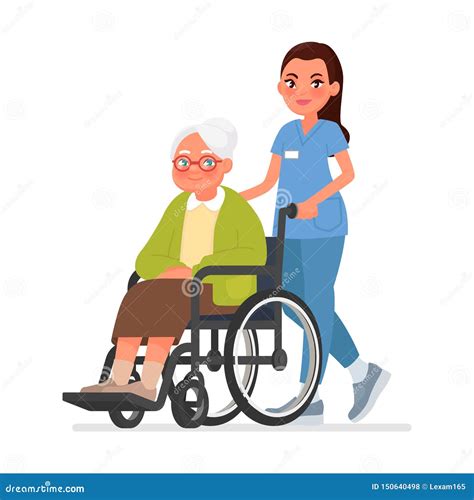 A Nurse Carries An Elderly Woman In A Wheelchair Hand Drawn Flat