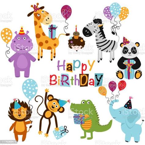 Set Of Isolated Happy Birthday Animals Vector Illustration Eps Stock