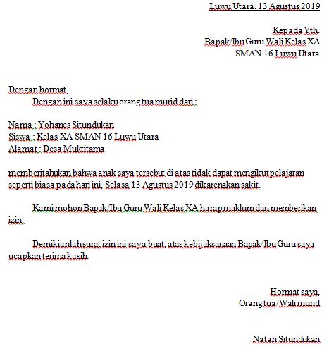 Contoh Surat Izin Sekolah Karena Sakit Untuk SD, SMP, dan SMA