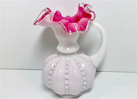 Gorgeous Pink Fenton Vase White Pink Ruffled Vase Silvercrest Fenton Vase Fenton Ewer Pink