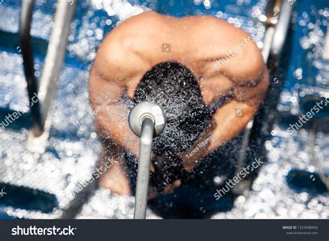 Top View Barechested Man Showering Under Stock Photo 1323448493