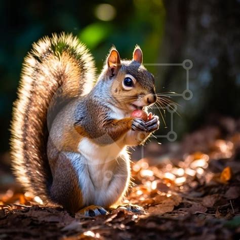Adorable Squirrel Eating Acorn In A Forest Setting Stock Photo