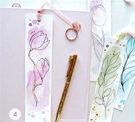 Floral Handmade Watercolor Bookmarks With Botanical Line Art Etsy