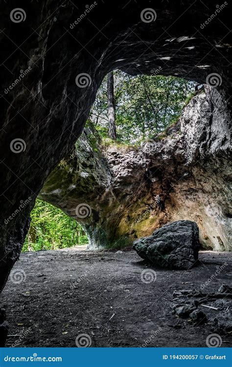 Entrance Of A Cave With View To Forest Stock Image Image Of Darkness