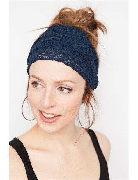 Stretchy Dark Blue Lace Headband Boho Headband By MinitaStudio