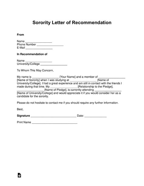 Free Sorority Recommendation Letter Template With Samples Pdf Word Eforms Fr