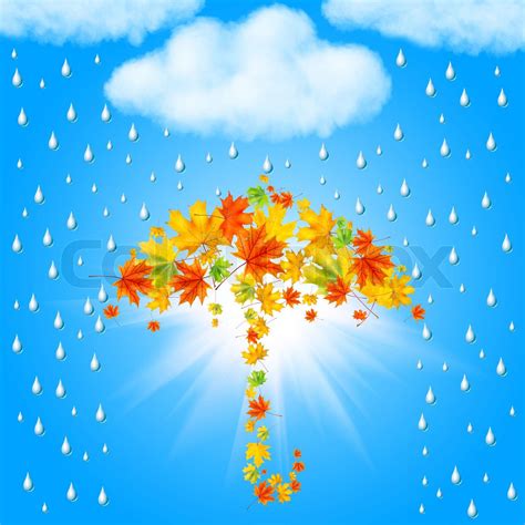 Umbrella From Autumn Leaves Under Cloud And Rain Stock Image Colourbox