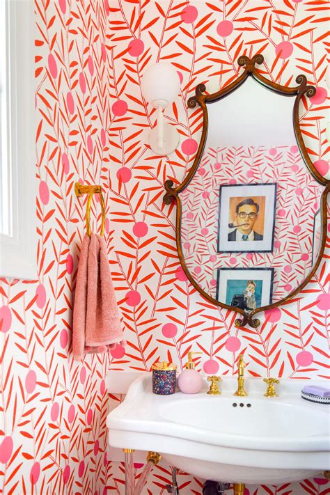 Colorful Powder Room Before And After In 2020 Pink Wallpaper Pattern