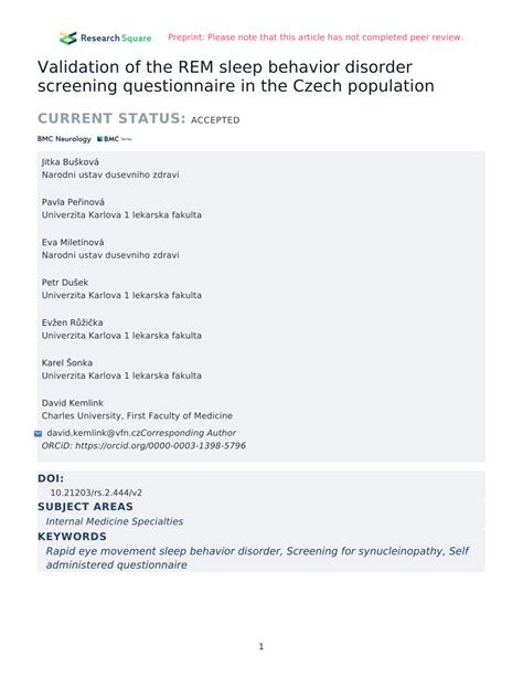 PDF Validation Of The REM Sleep Behavior Disorder Screening Questionnaire In The Czech Population