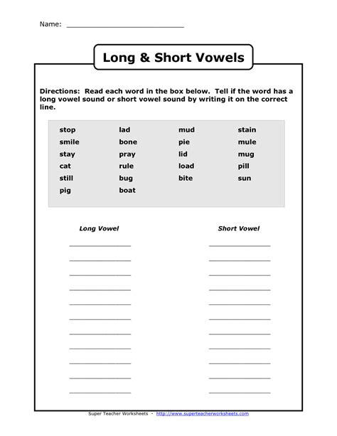 Long Vowel Short Vowel Worksheet