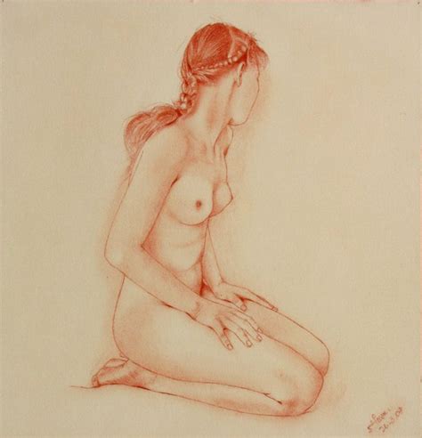 A Drawing Of A Naked Woman Sitting On The Floor With Her Hands In Her