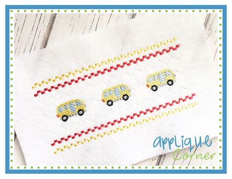 Applique Corner Faux Smocked Cute Bus Embroidery Design From Applique
