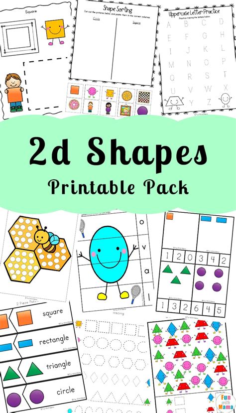 These worksheets cover shapes from all angles, including shapes in different settings, pattern sequencing with shapes, and games with shapes. 2D Shapes Worksheeets - Fun with Mama