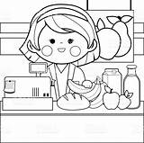 Coloring Grocery Employee Counter Cashier Vector Clerk Shopping Drawing Clip Clipart Fruit Illustration Adult Printable Cartoon Getcolorings Comp Similar Female sketch template