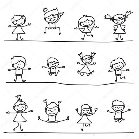 Set di facce da bambini dei cartoni animati. Mano disegno cartone animato bambini felici - Grafica ...