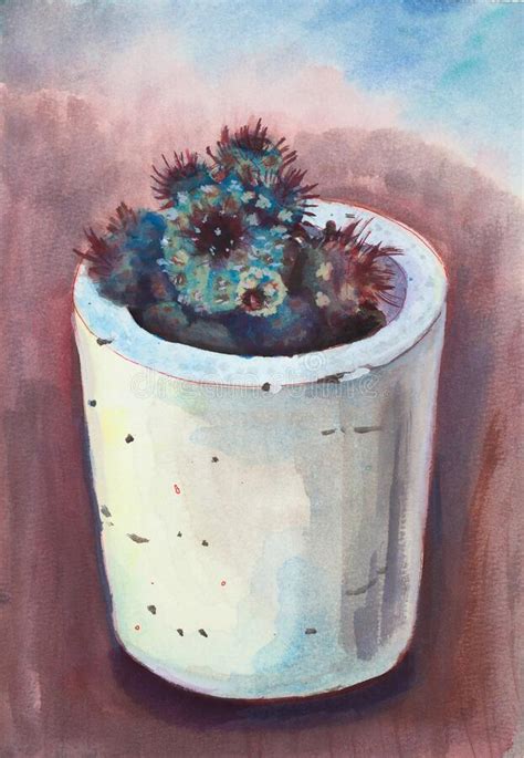 A Cute Potted Cactus Hand Drawn With Watercolor Stock Illustration