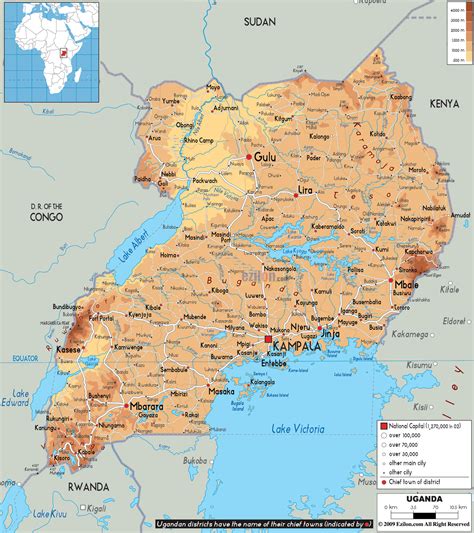 Large Physical Map Of Uganda With Roads Cities And Airports Uganda