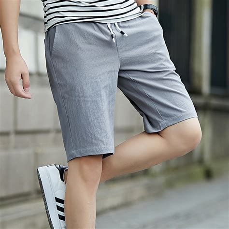 Mens Summer Cotton Linen Solid Straight Slim Casual Shorts Elastic