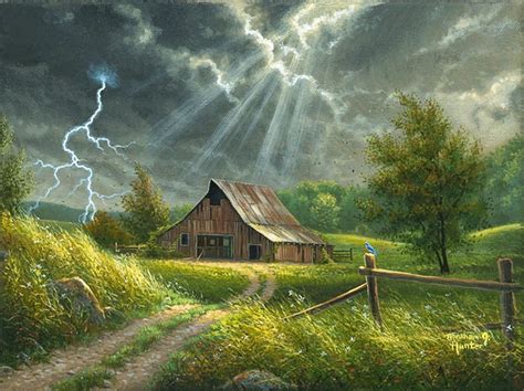 Passing Storm Sunrays Lightning Painting Fields Clouds Artwork