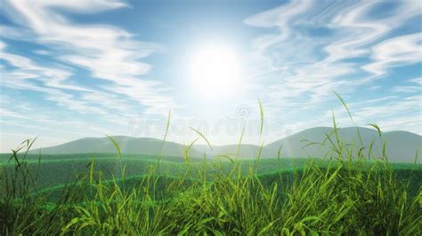 3d Grassy Landscape Against A Blue Sunny Sky Stock Illustration