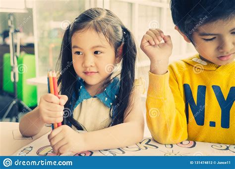 Student Kids Painting On Paper In Art Class Stock Photo Image Of