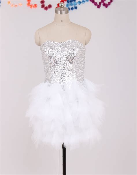 Free Shipping Stunning Short Tutu Prom Dresses 2015 Sequins Tulle White