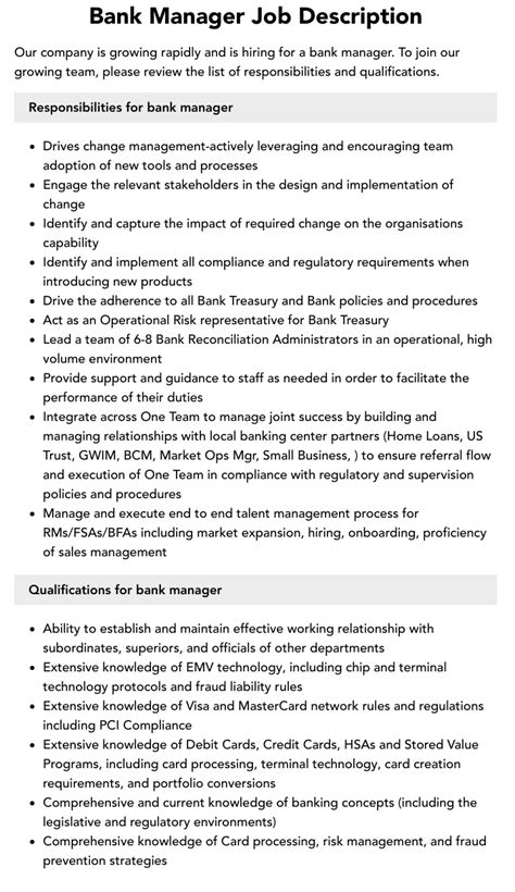 Bank Manager Job Description Velvet Jobs