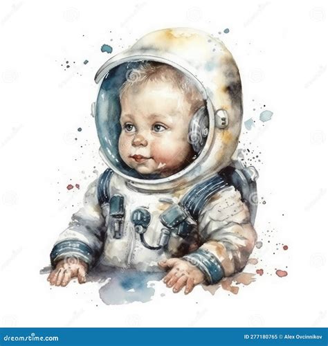 Adorable Baby Astronaut Floating In Space Watercolor Illustration