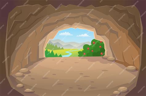 Пещера выход из пещерыиллюстрация в мультяшном стиле для игр Премиум