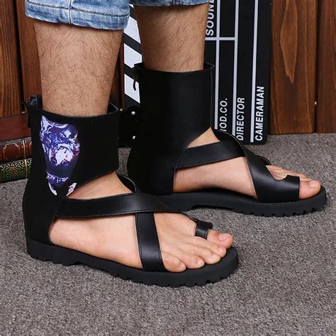 Summer 2016 Flat Heels Thong Sandals Men Ankle Wrap Black Printing Leather Sandals Cut Outs Back